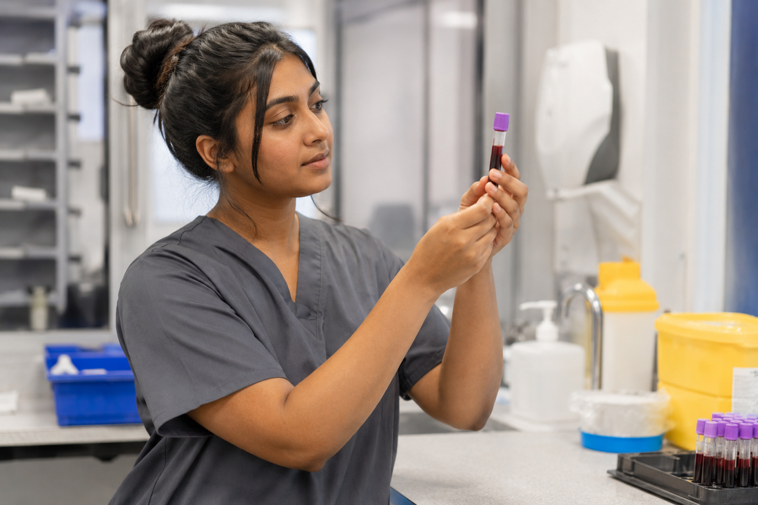 South Asian student nurse checking a purple-top blood sample used for a full blood count in a UK hospital.