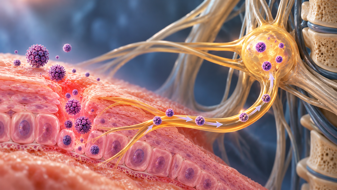 Herpes simplex virus infecting epithelial tissue and travelling along a sensory nerve towards a sensory ganglion, illustrating viral latency and recurrence