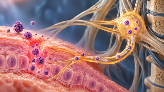Herpes simplex virus infecting epithelial tissue and travelling along a sensory nerve towards a sensory ganglion, illustrating viral latency and recurrence