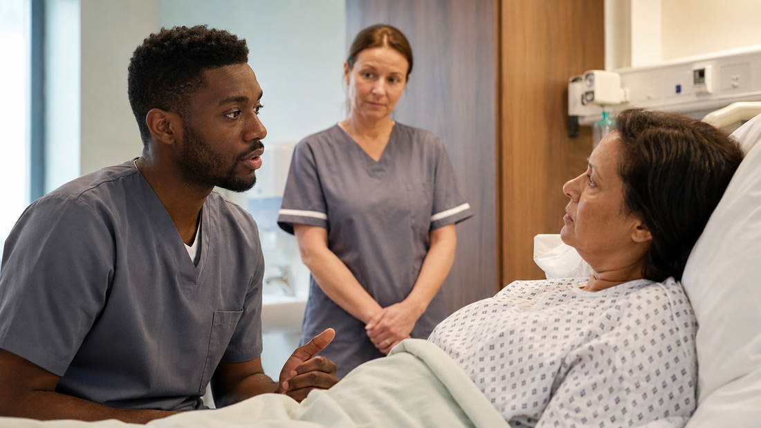 Student nurse speaking with a patient while completing a Glasgow Coma Scale assessment under supervision.