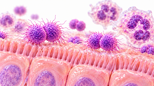 Teaching illustration of Neisseria gonorrhoeae diplococci on mucosal epithelium with neutrophils nearby.