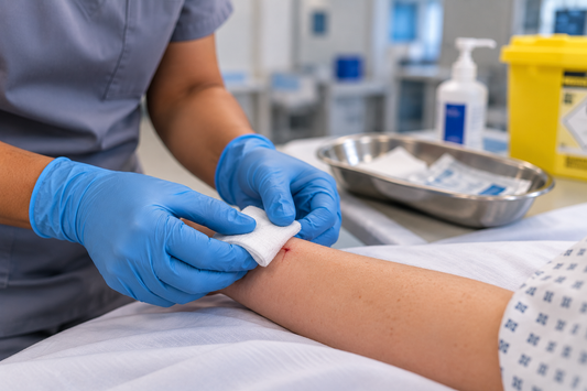 Nurse applying gauze and direct pressure to a patient's forearm after removal of a peripheral cannula.