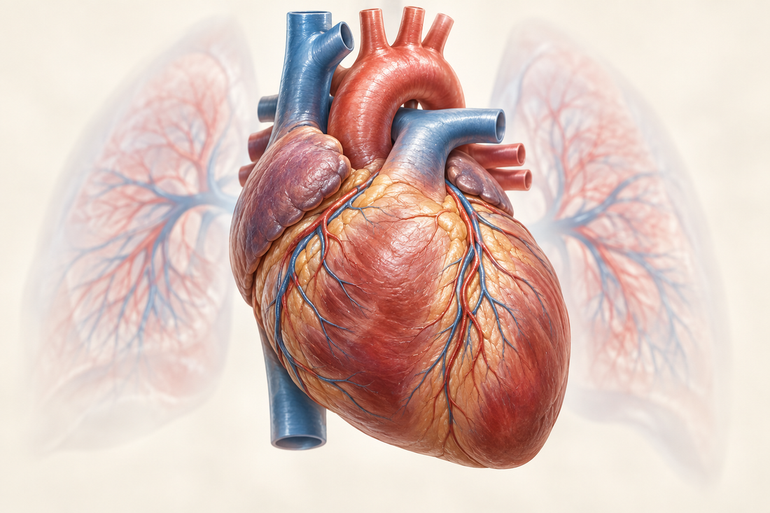 Anatomical heart with the lungs behind it, illustrating heart failure and pulmonary congestion.