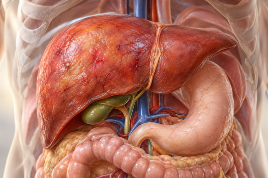 Anatomical view of the liver and surrounding upper abdominal structures for a teaching article on viral hepatitis.