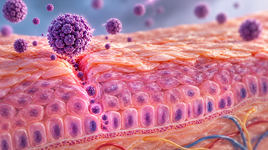 Human papillomavirus entering stratified squamous epithelium through a small surface disruption and reaching the basal cell layer