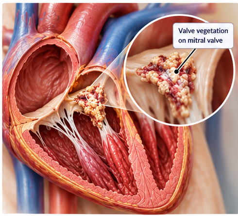 Cutaway heart showing a vegetation attached to a heart valve in infective endocarditis