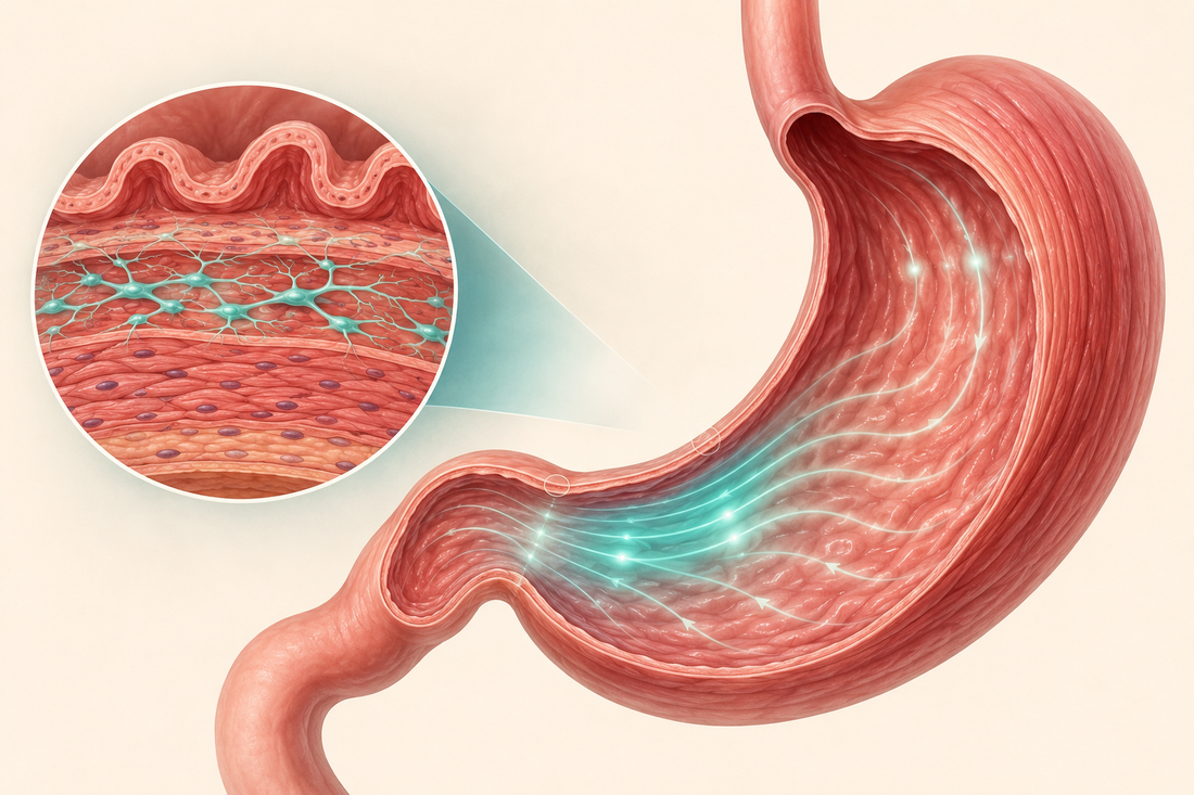 Anatomical stomach illustration showing interstitial cells of Cajal and gastric electrical activity