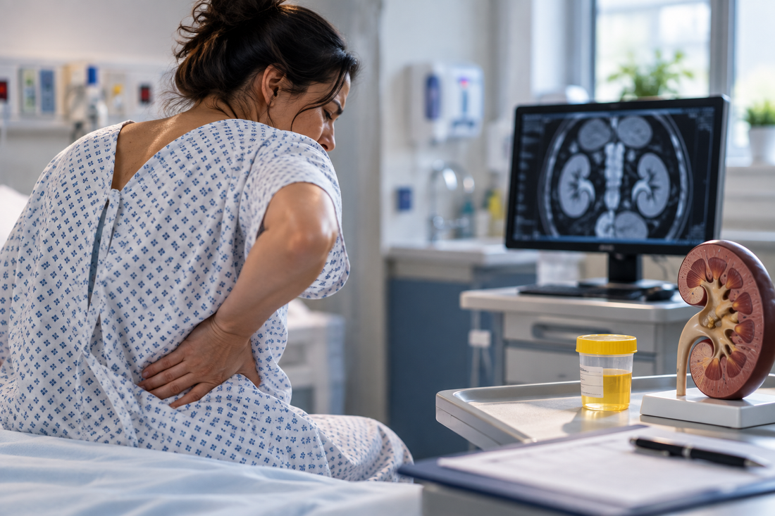 Patient experiencing severe flank pain during assessment for suspected kidney stones, with kidney imaging and an anatomical kidney model.