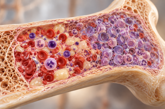 Cutaway bone marrow showing normal blood cells alongside marrow crowded by abnormal immature cells in leukaemia.
