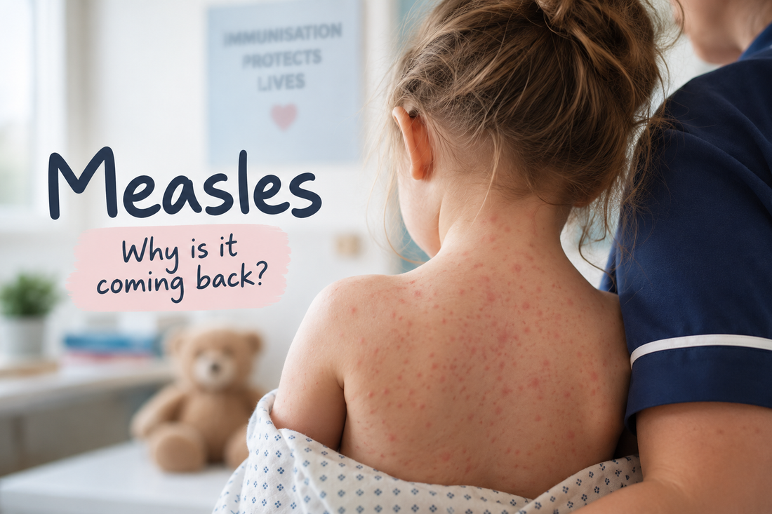 Child with a measles-like rash being supported by a nurse in a clinical setting, illustrating a Bleepbook teaching article about the return of measles in the UK.