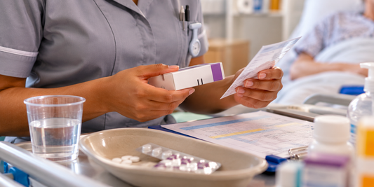 Student Nurse checking a medicine against the medication administration record before giving it to a patient.