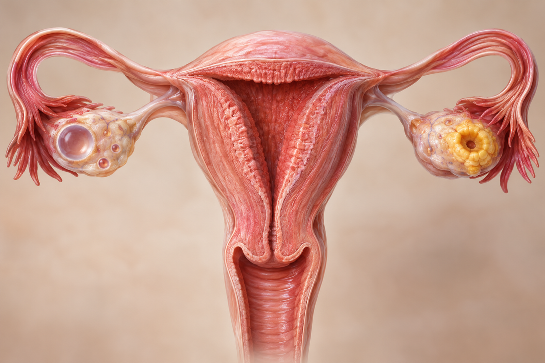 Anatomical uterus and ovaries showing a developing ovarian follicle and corpus luteum during the menstrual cycle.