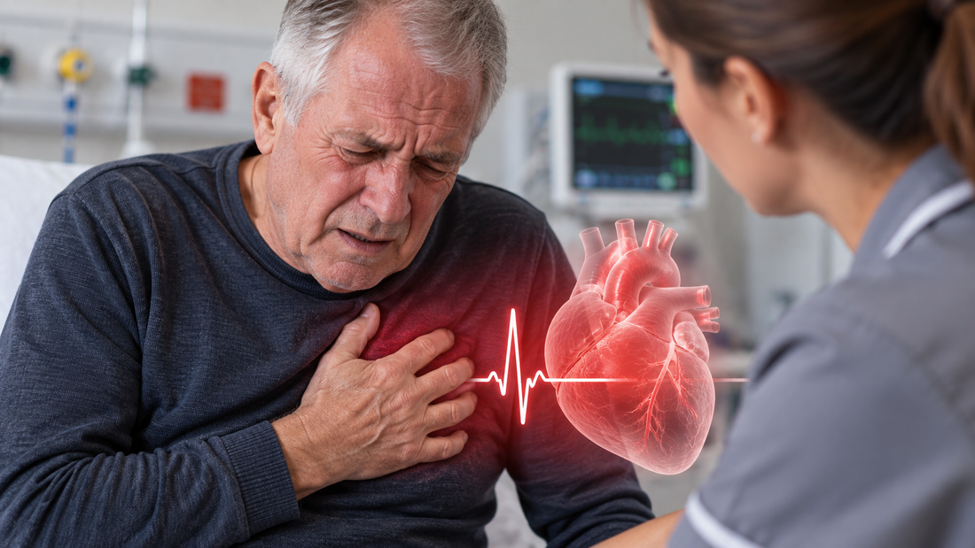 Older man experiencing chest pain during assessment by a nurse, with an anatomical heart illustration representing myocardial infarction.
