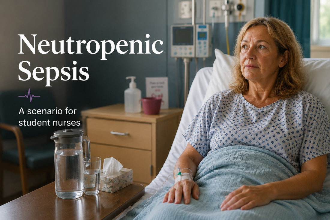 Neutropenic sepsis scenario for student nurses showing an adult patient in a hospital bed