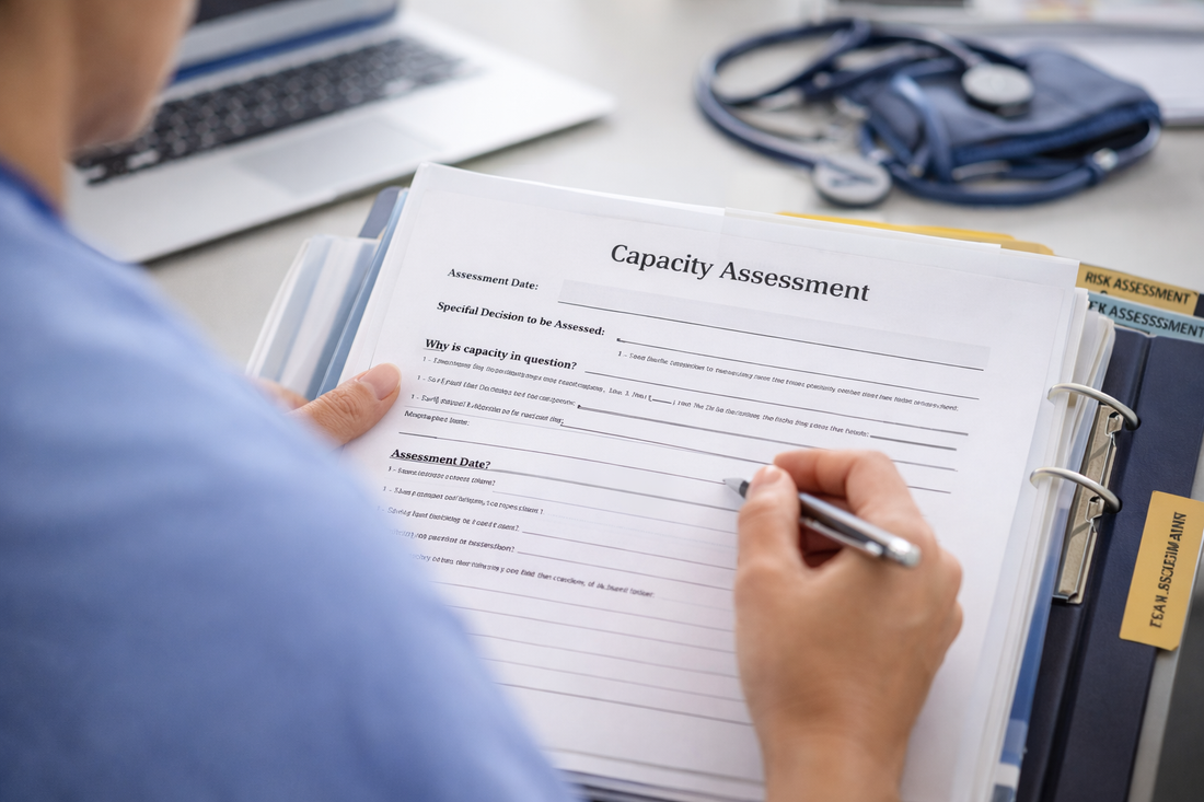 Student nurse documenting a decision-specific mental capacity assessment