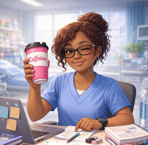 Cheerful student nurse in blue scrubs holding a caffeine cup while studying beside a laptop, notebooks, and placement notes in a hospital setting.