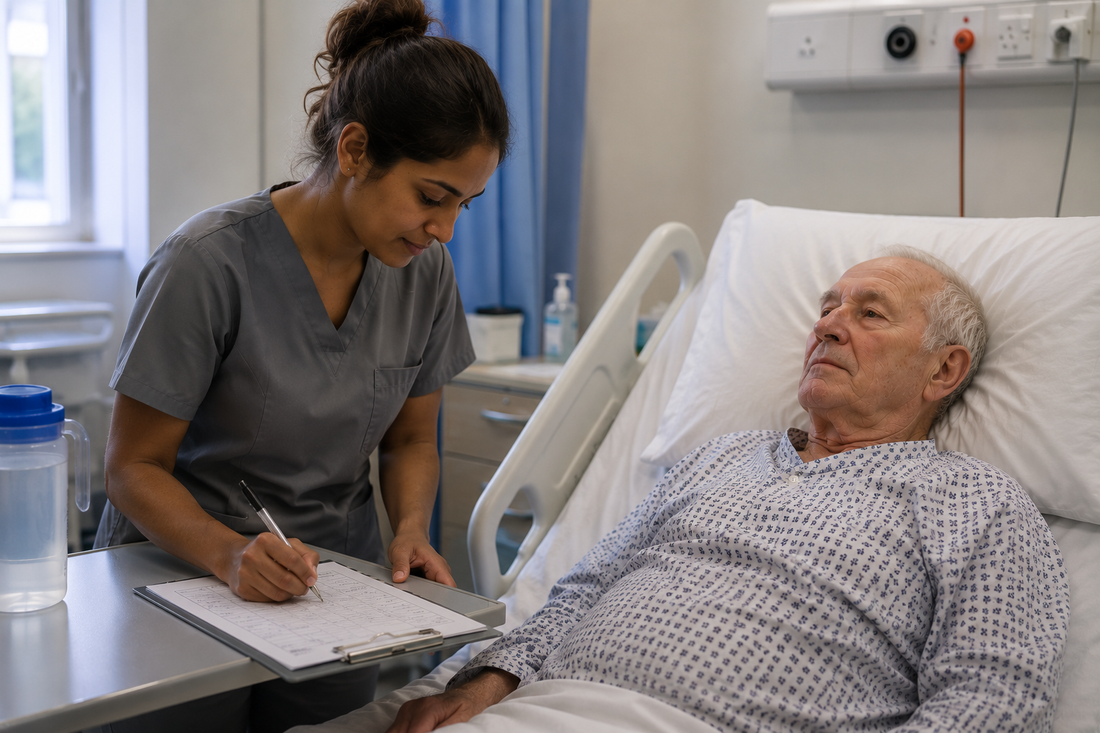 Student nurse assessing a patient with a PEG tube and falling blood pressure