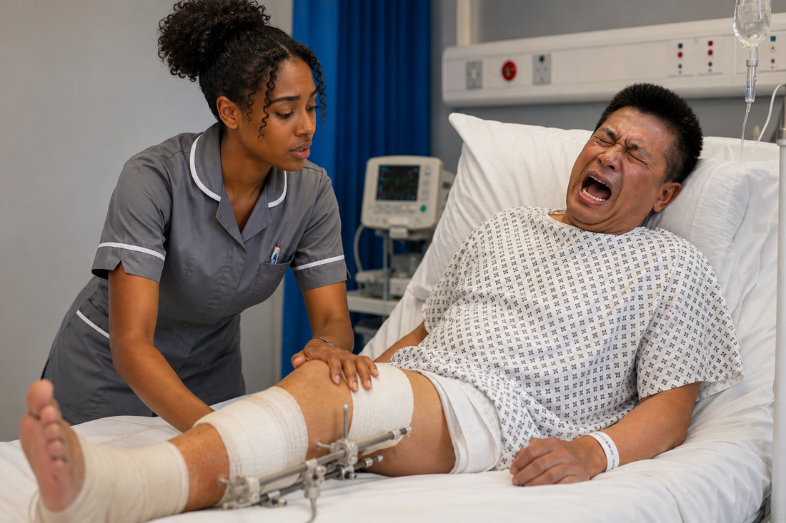 Student nurse assessing disproportionate limb pain after orthopaedic surgery