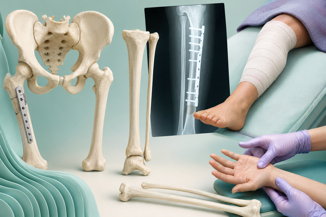 Clinical orthopaedic illustration showing fractures, internal fixation, limb assessment and weight-bearing care