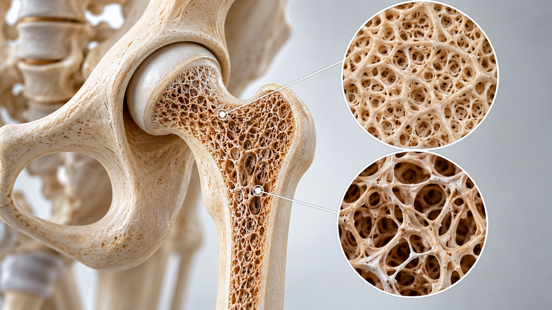 Anatomical illustration of the hip and proximal femur showing porous trabecular bone associated with osteoporosis and reduced bone strength.