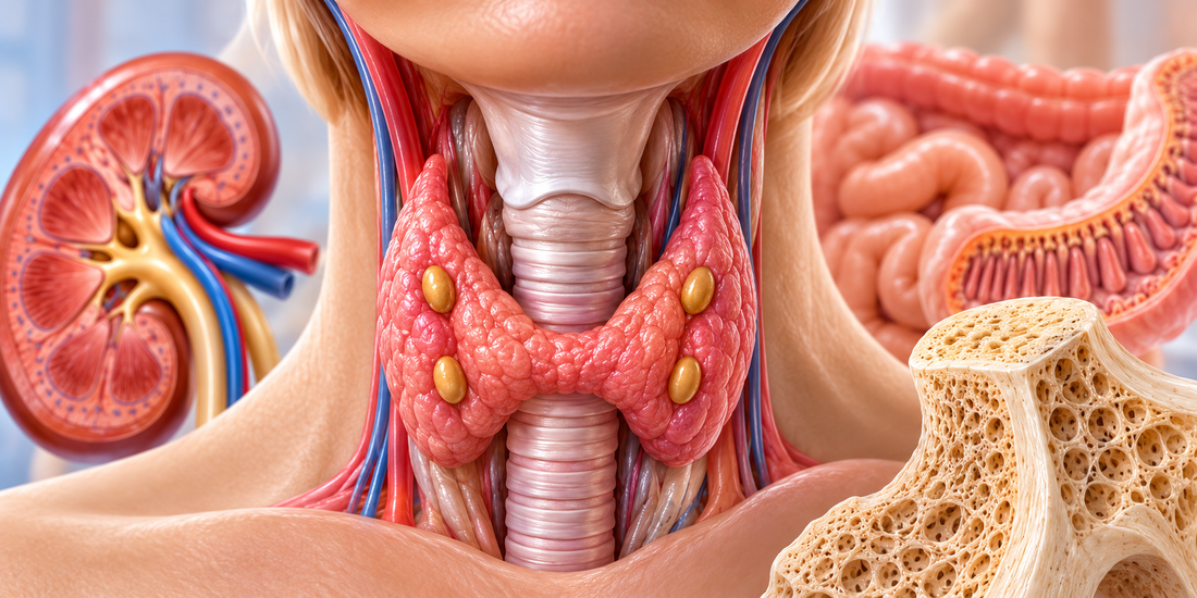 Parathyroid glands with kidney, intestine and bone representing calcium homeostasis