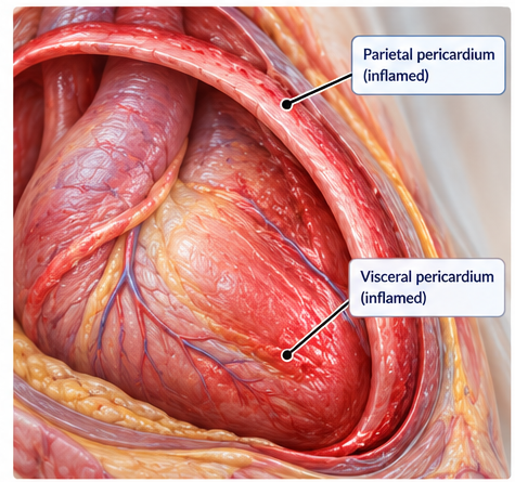Heart showing the inflamed visceral and parietal pericardial layers in pericarditis