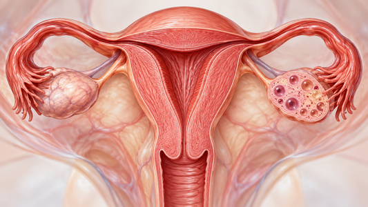 Female reproductive anatomy showing the uterus and ovaries, with one ovary opened to show multiple small follicles associated with PMOS.