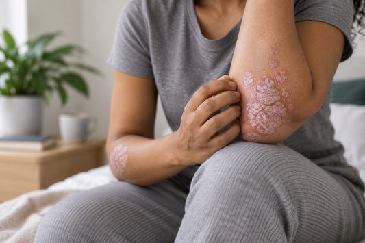 Person with visible scaly psoriasis plaques on the elbow and forearm.
