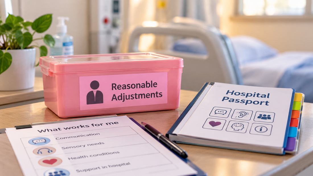 Hospital passport and reasonable adjustment information prepared beside a hospital bed