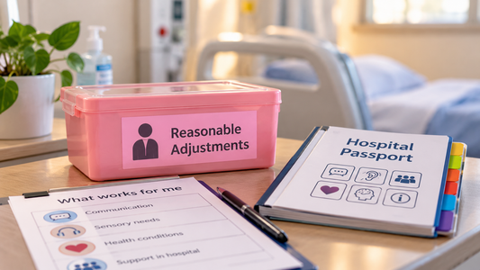 Hospital passport and reasonable adjustment information prepared beside a hospital bed