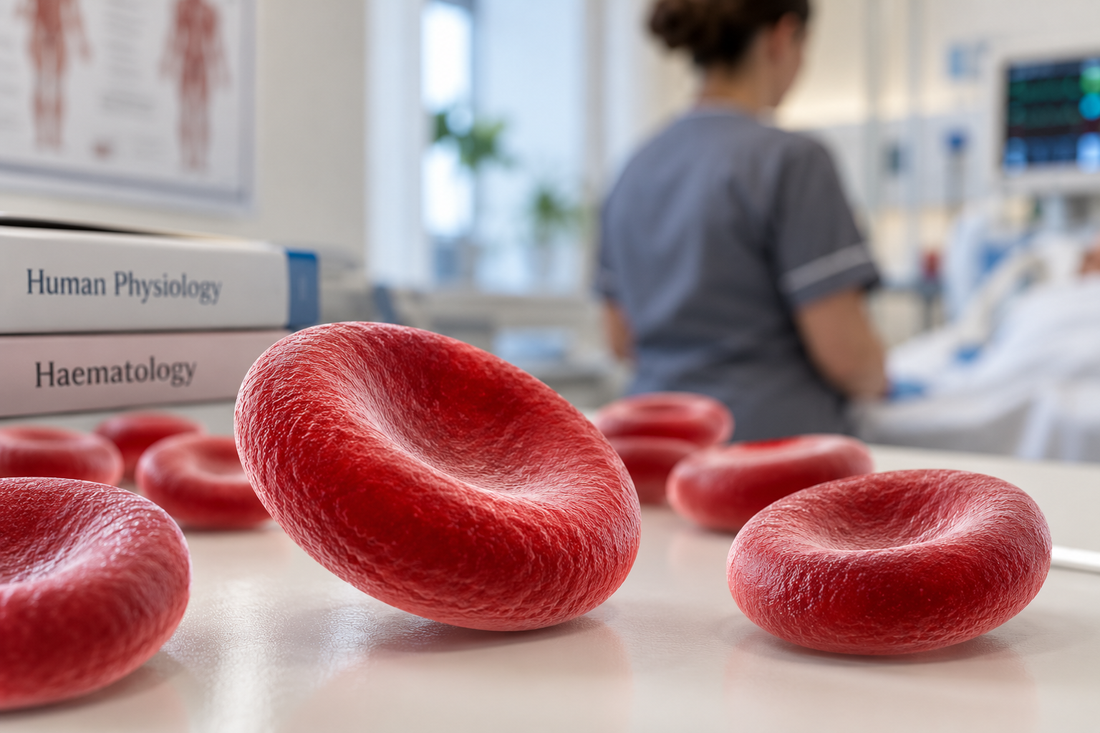 Red blood cells showing their characteristic biconcave shape in a clinical setting.