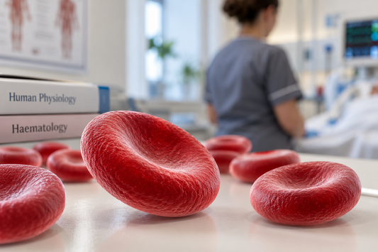 Red blood cells showing their characteristic biconcave shape in a clinical setting.