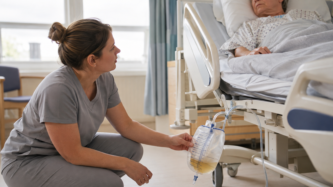 Student nurse checking a urinary drainage bag while monitoring an older patient’s urine output.