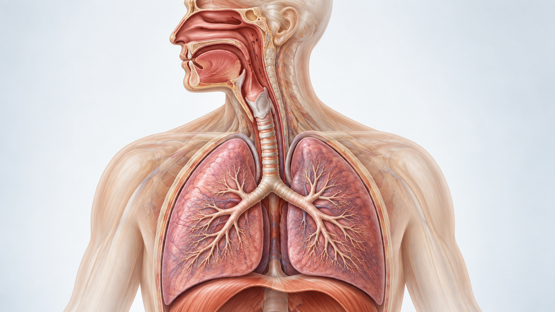 Anatomical illustration of the human respiratory system showing the upper airway, trachea, bronchi and both lungs.