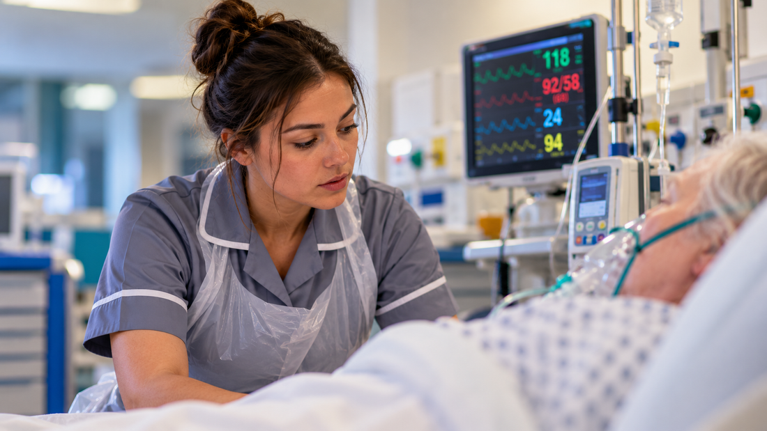 Student nurse assessing a deteriorating patient receiving oxygen in an acute hospital setting