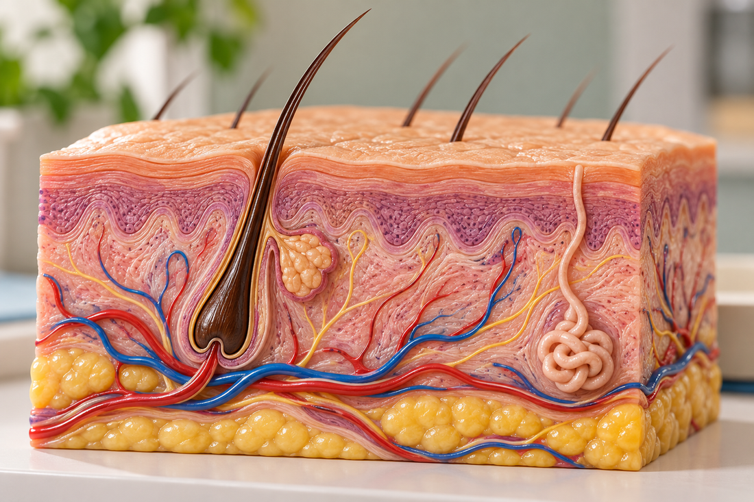 Anatomical cross-section of human skin showing the epidermis, dermis, hair follicles, glands, blood vessels, nerves and subcutaneous fat.