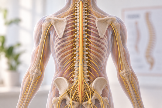 Posterior view of a transparent human body showing the spinal cord within the vertebral column and spinal nerves branching throughout the body.