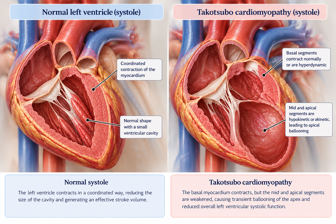 Normal left ventricular systole compared with Takotsubo syndrome showing preserved basal contraction and hypokinetic or akinetic mid and apical segments with apical ballooning