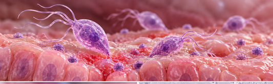 Trichomonas vaginalis trophozoites interacting with inflamed urogenital epithelium