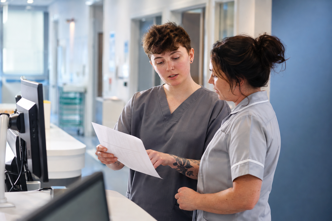 Student nurse discussing urea and electrolyte blood results with a registered nurse at a UK hospital workstation.