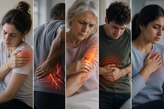 Five people experiencing different qualities of pain, including shoulder aching, shooting lower back pain, burning arm pain, gripping abdominal pain and chest discomfort.