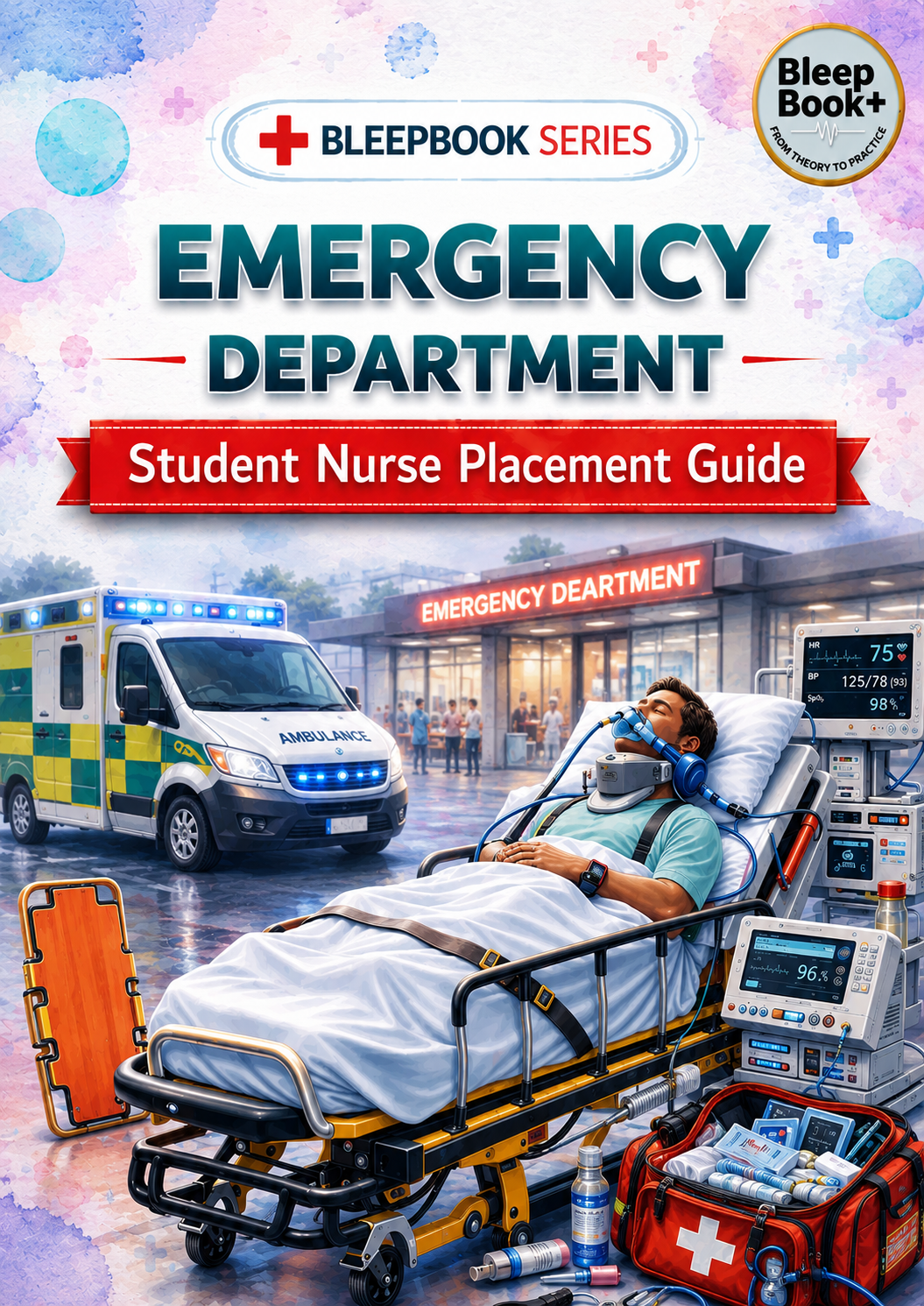 Book cover of 'Emergency Department Student Nurse Placement Guide' with an ambulance and patient in a hospital bed.