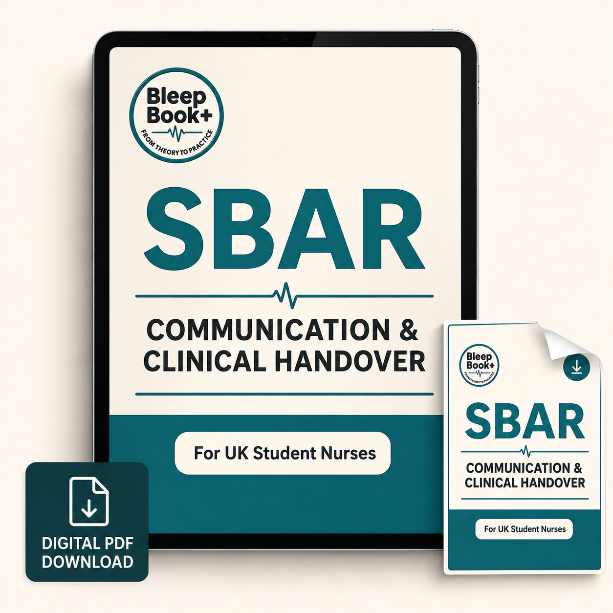 Digital product mockup showing a tablet with a SBAR communication and clinical handover digital PDF cover by Sleep Book+, plus a smaller standalone cover preview and a dark badge reading digital PDF download.