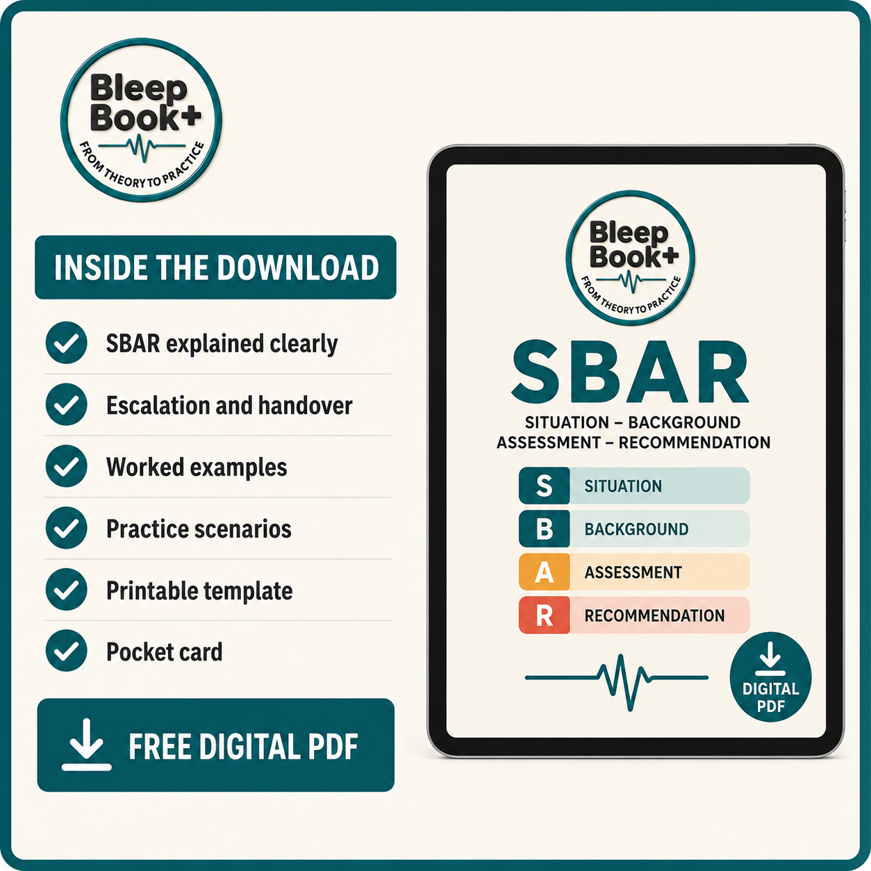 Digital product listing graphic for a 'Bleep Book+' SBAR (Situation, Background, Assessment, Recommendation) printable PDF download. The graphic features a tablet mockup displaying the SBAR template, a list of included contents on the left, and a download button at the bottom, all on a cream-colored background with teal and black accents.