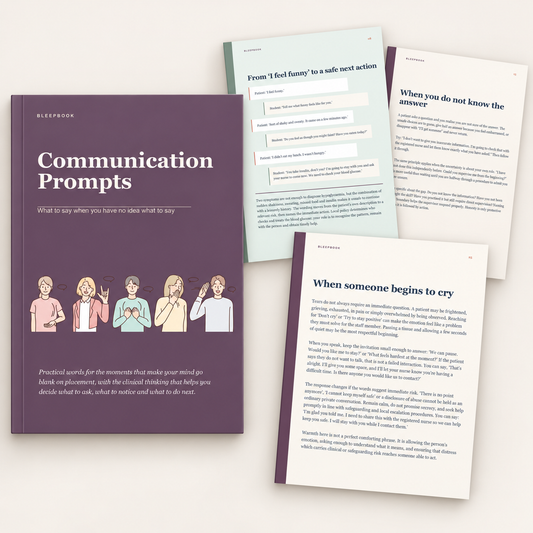 Bleepbook Communication Prompts handbook cover and sample pages for UK student nurses