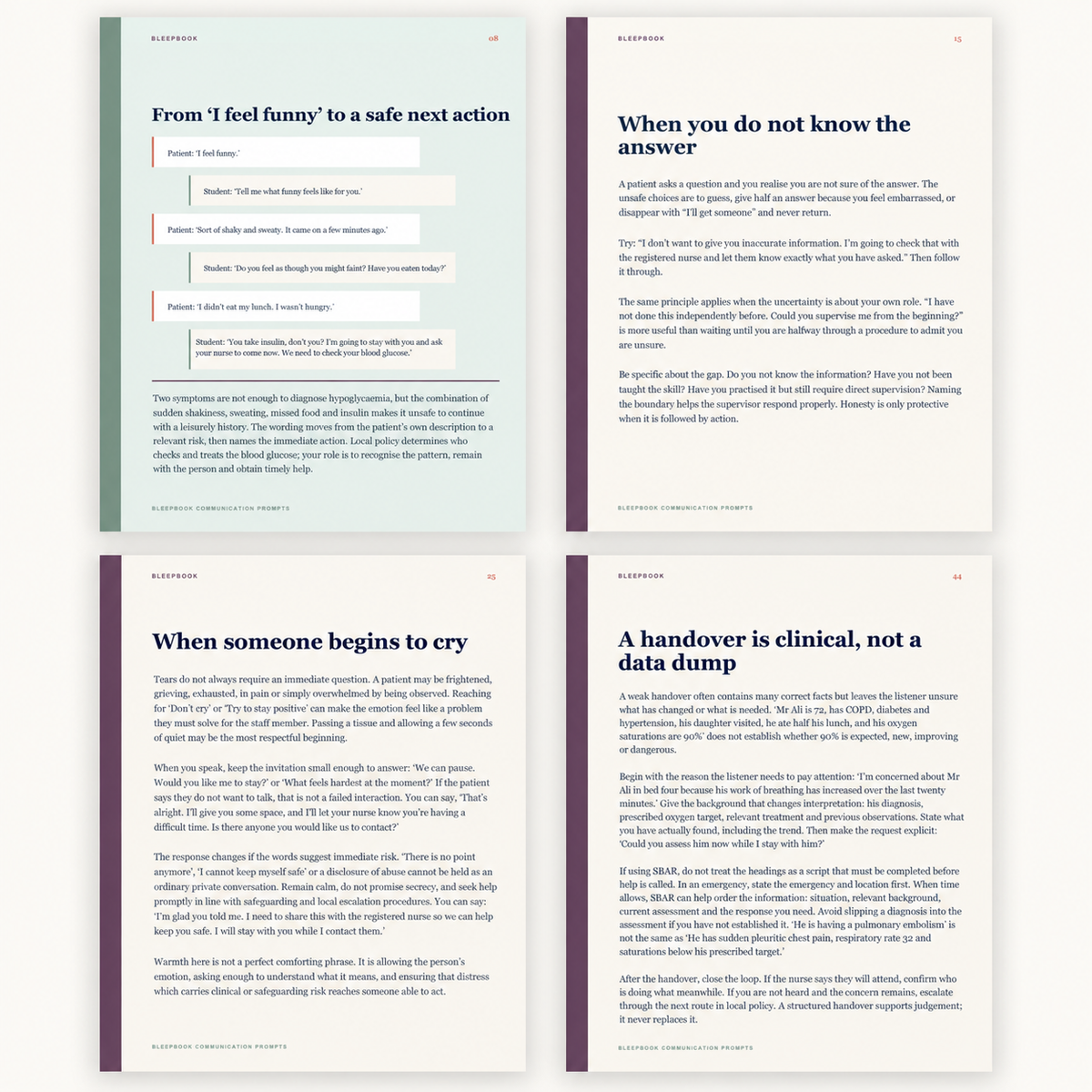 Inside pages from the Bleepbook Communication Prompts handbook for UK student nurses