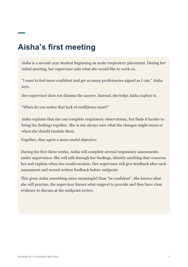 Aisha's first placement meeting example from the Bleepbook student nurse handbook