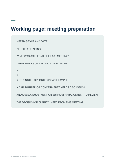 Placement meeting preparation working page from the Bleepbook student nurse handbook