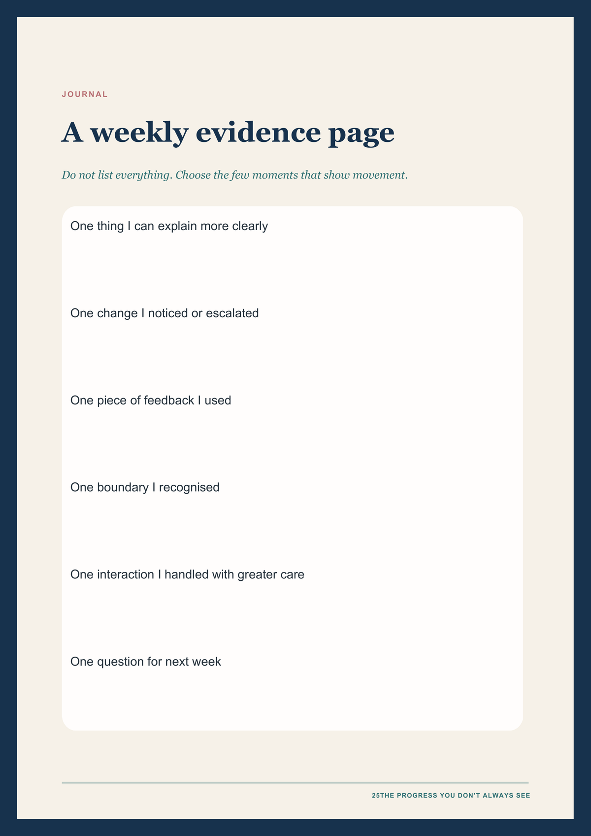 A weekly evidence page from The Progress You Don't Always See student nurse placement book