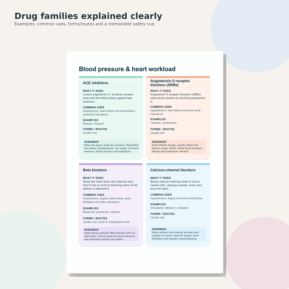 Inside page preview showing drug families, uses, examples, routes and safety cues